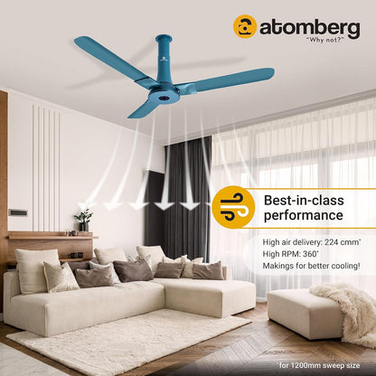 atomberg Studio+ 1200mm BLDC Ceiling Fan with Remote Control | BEE 5 star Rated Energy Efficient Ceiling Fan | High Air Delivery with LED Indicators | 2+1 Year Warranty (Aegean Blue)
