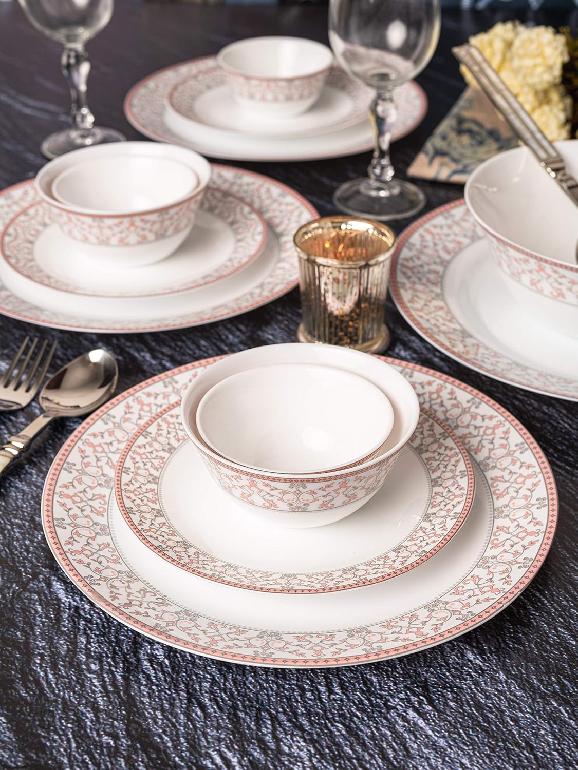 La Opala Glass Floral Dinner Set- Set of 33 Pcs, Pink