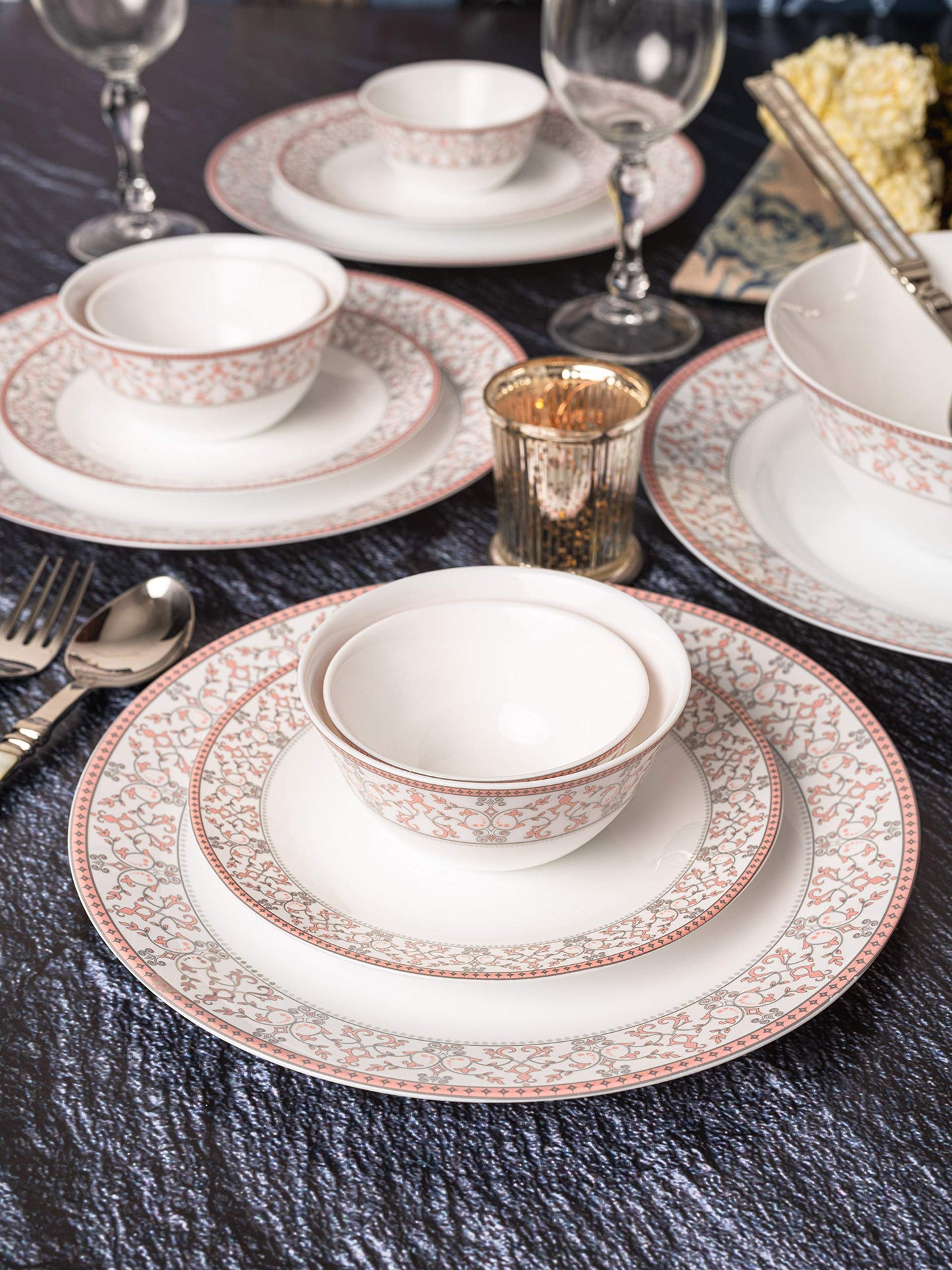 La Opala Diva Sovrana Collection Opal Glass Crockery | for Family of 6 | Dinner Set 33 pcs Regent Blue | Plates & Bowls for Dining | Microwave Safe | 100% Vegetarian | Extra Strong | Light & White