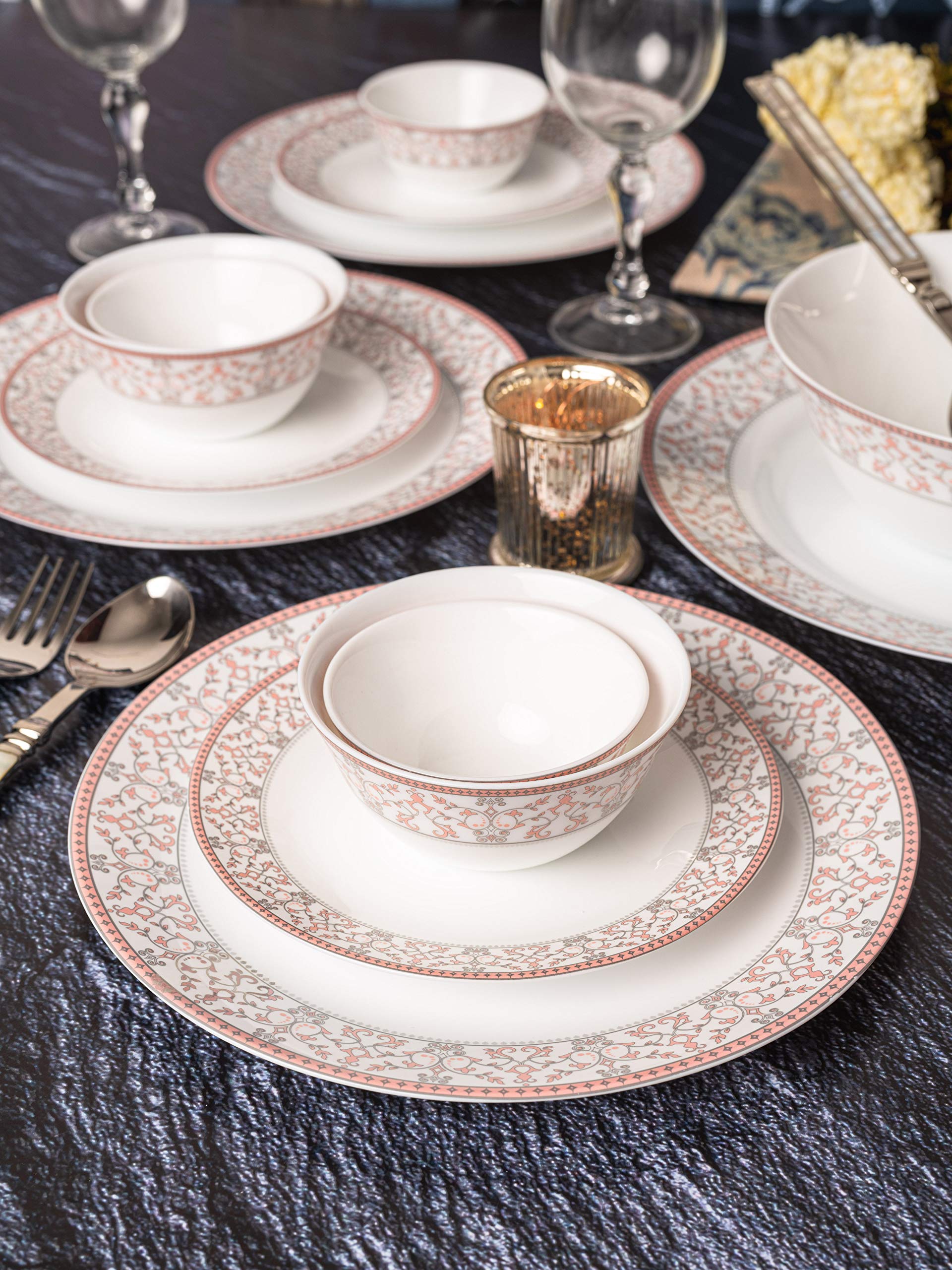 La Opala Diva Sovrana Collection Opal Glass Crockery | for Family of 6 | Dinner Set 33 pcs Regent Blue | Plates & Bowls for Dining | Microwave Safe | 100% Vegetarian | Extra Strong | Light & White
