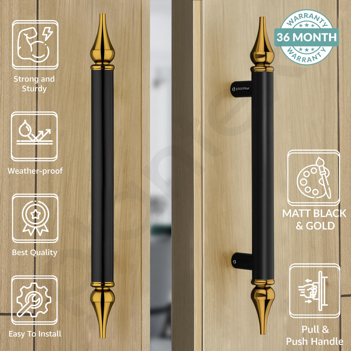 Plantex Heavy Duty Door Handle/14 Inch Main Door Handle/Pull-Push Door Handle/Door & Home Decor - Pack of 2 (Black and Gold)-2