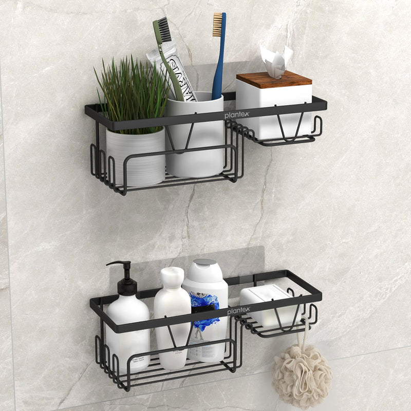 Plantex Shelf with Soap Dish for Bathroom/GI Steel Self Adhesive Bathroom Organizer/Soap Holder with Hook/Bathroom Accessories - Pack of 2 (Black)-1