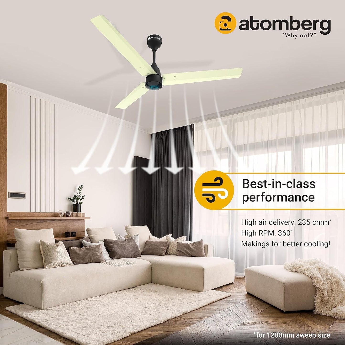atomberg Renesa 1200mm BLDC Ceiling Fan with Remote Control | BEE 5 star Rated Energy Efficient Ceiling Fan | High Air Delivery with LED Indicators | 3 Year Warranty (Ivory & Black)