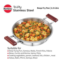 Hawkins 2.5 Litre Deep Fry Pan, Triply Stainless Steel Kadai, Flat Bottom Induction Kadhai, Silver (SSD25)