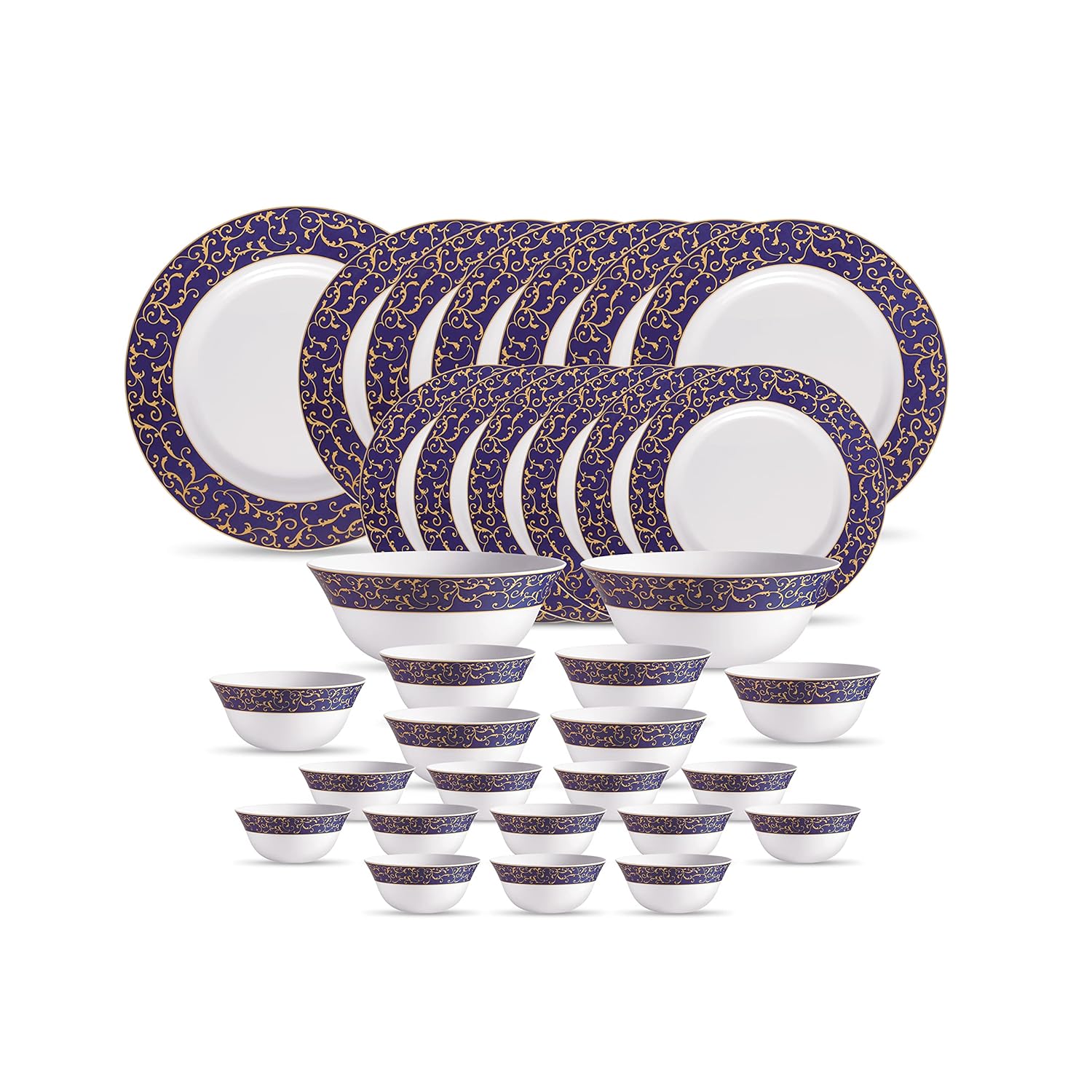 La Opala Diva Sovrana Collection Opal Glass Crockery | For Family of 6 | Dinner Set 33 pcs Anassa Blue | Plates & Bowls for Dining | Microwave Safe | 100% Vegetarian | Extra Strong | Light & White