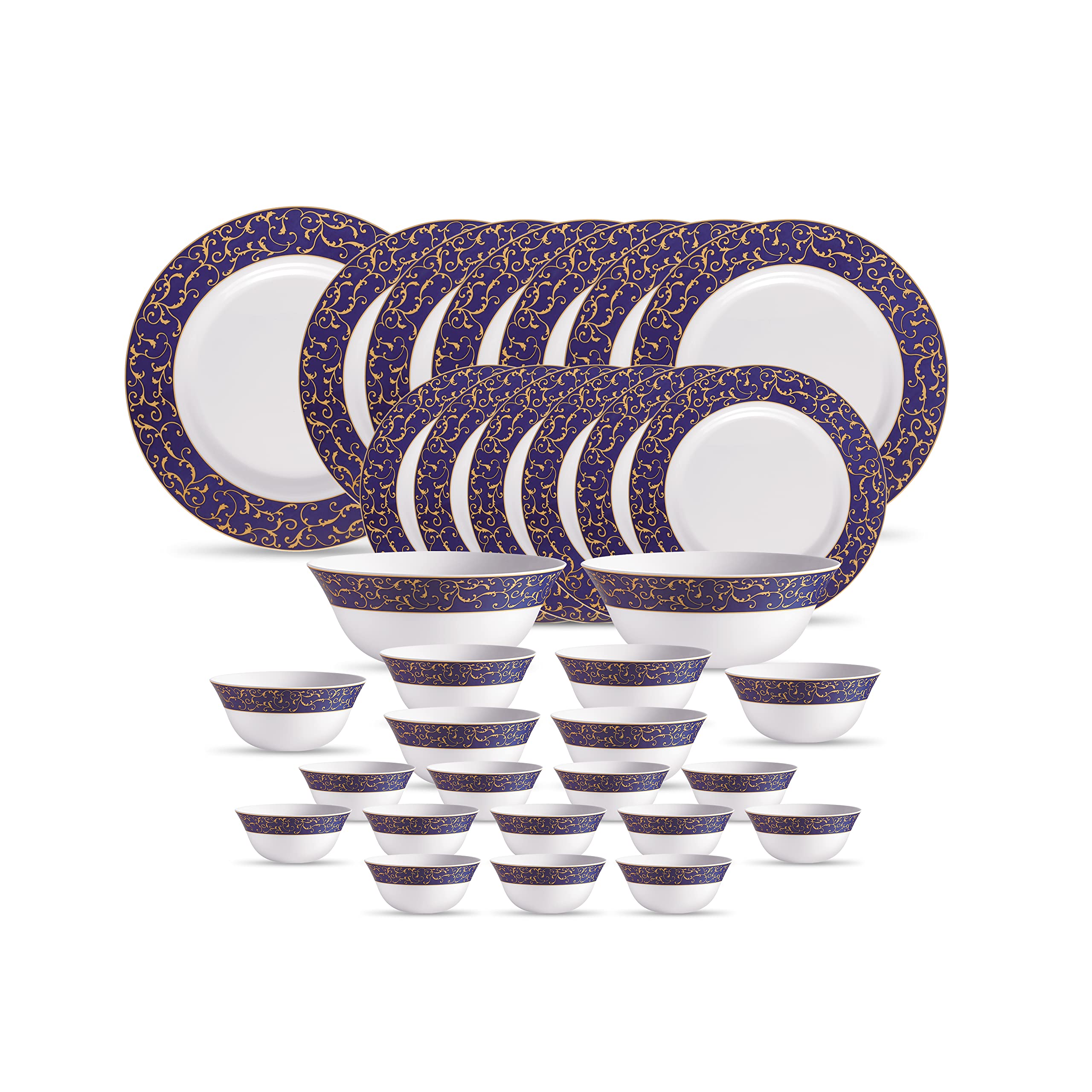 La Opala Diva Sovrana Collection Opal Glass Crockery | for Family of 6 | Dinner Set 33 pcs Persian Silver | Plates & Bowls for Dining | Microwave Safe | 100% Vegetarian | Extra Strong | Light & White