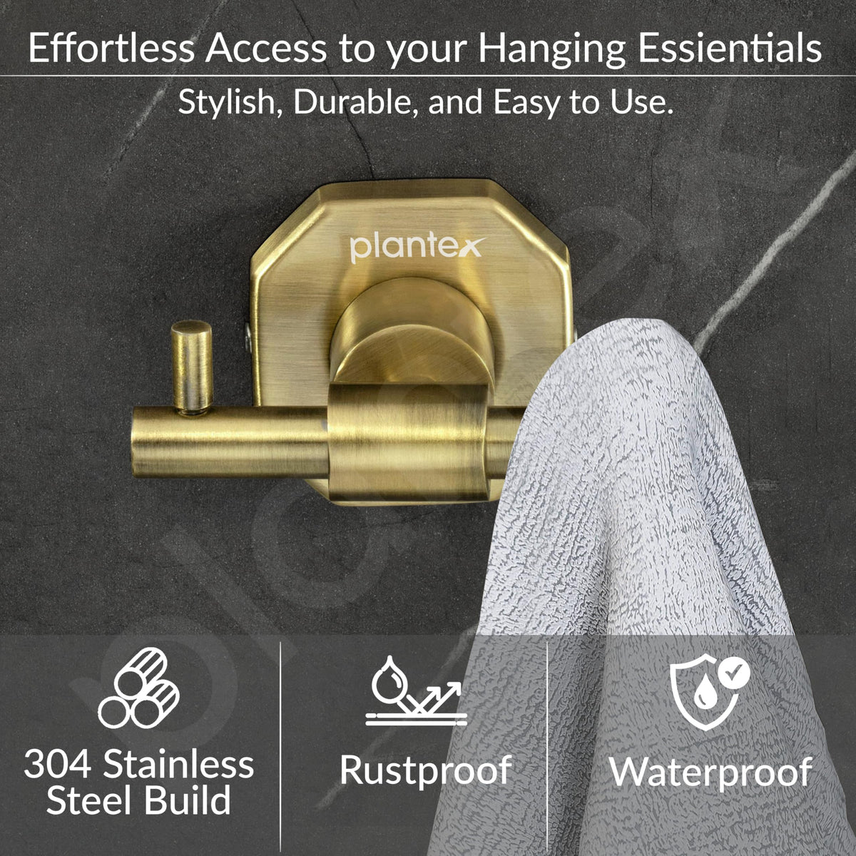 Plantex 304 Grade Stainless Steel Robe Hook/Cloth Holder/Towel Hanger/Bathroom Accessories - Nipron (Brass Antique)-2