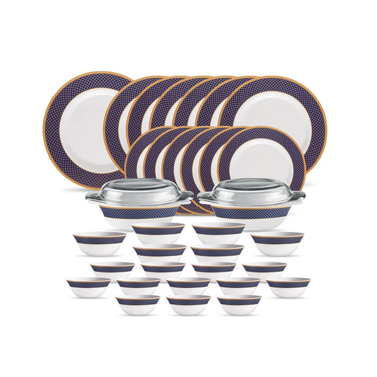 La Opala Diva Sovrana Collection Opal Glass Crockery | for Family of 6 | Dinner Set 35 pcs Regent Blue | Plates & Bowls for Dining | Microwave Safe | 100% Vegetarian | Extra Strong | Light & White