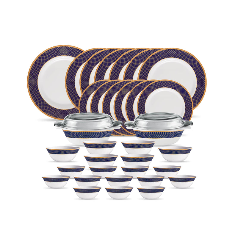 La Opala Diva Sovrana Collection Opal Glass Crockery | For Family of 6 | Dinner Set 35 pcs Moroccan Gold | Plates & Bowls for Dining | Microwave Safe | 100% Vegetarian | Extra Strong | Light & White