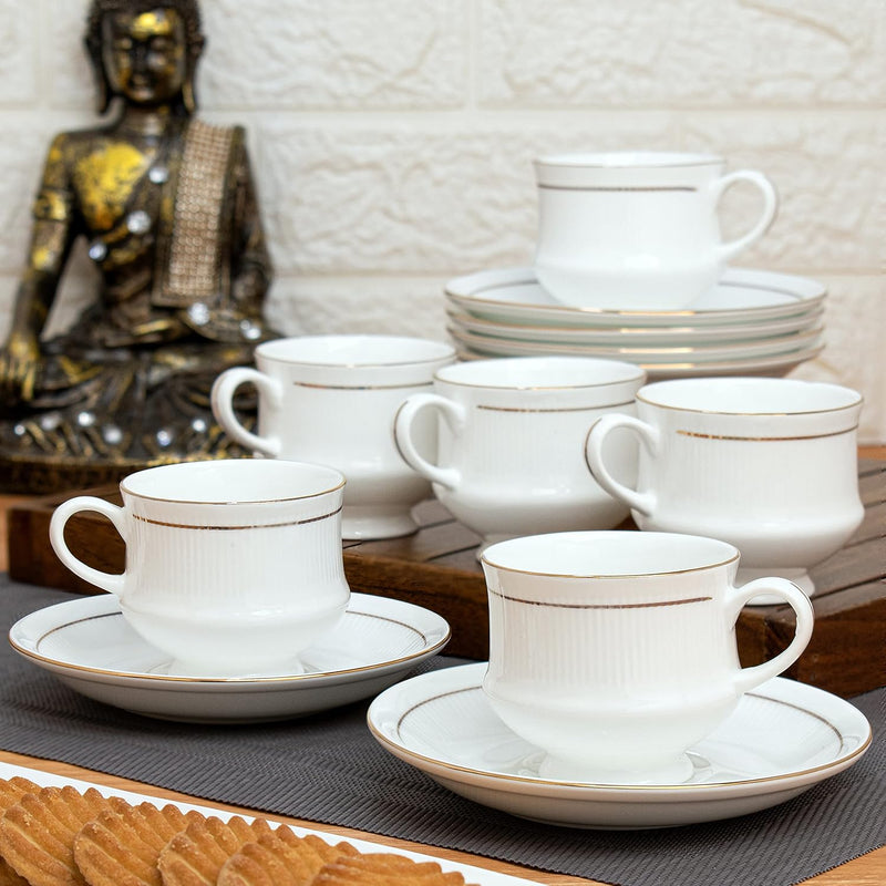 Clay Craft Ceramic Tea|Coffee Mug|Cup Set with Mona - 22K Gold Line, Special for Drink Tea, Coffee, Latte, 6-Pieces, White with Gold Lines, 180 ml (6 Piece Cups and 6 Piece Saucer)