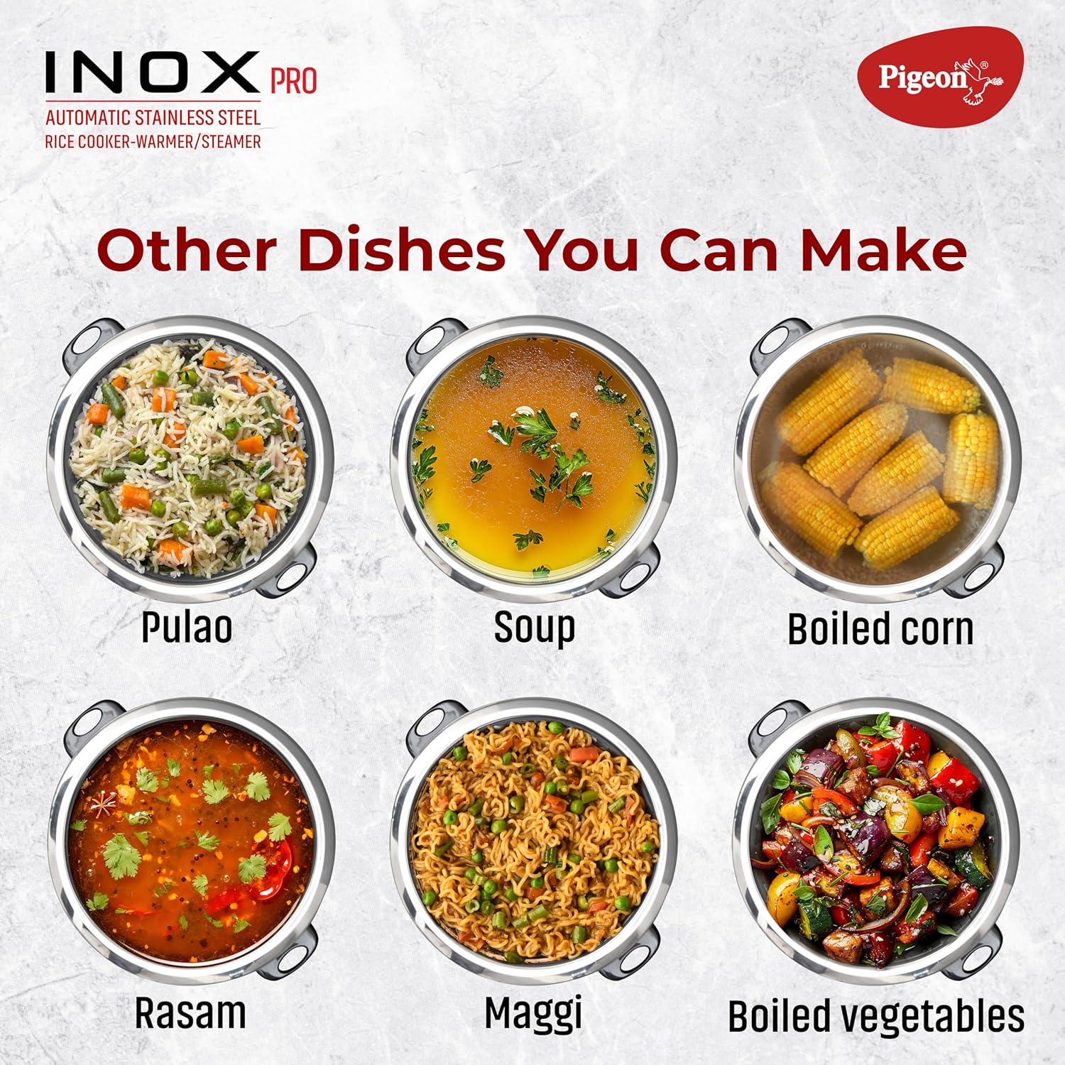Pigeon Inox Pro Rice Cooker with Steamer, 1.8 litres | Stainless Steel Lid | 700 Watts | 1 Steel Cooking Pot | Measuring Cup | Spatula | Energy Efficient Cooking (Grey)