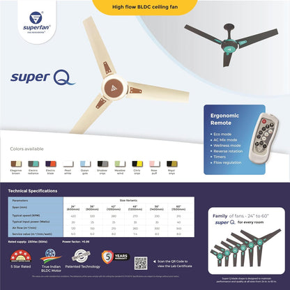 Superfan SuperQ 1200mm BLDC fan | India's 1'st BLDC fan | High Flow & Most Efficient Bldc fan | Reverse fan | 69% Power Saving Fan | 5 Year Warranty(Citric Onyx)