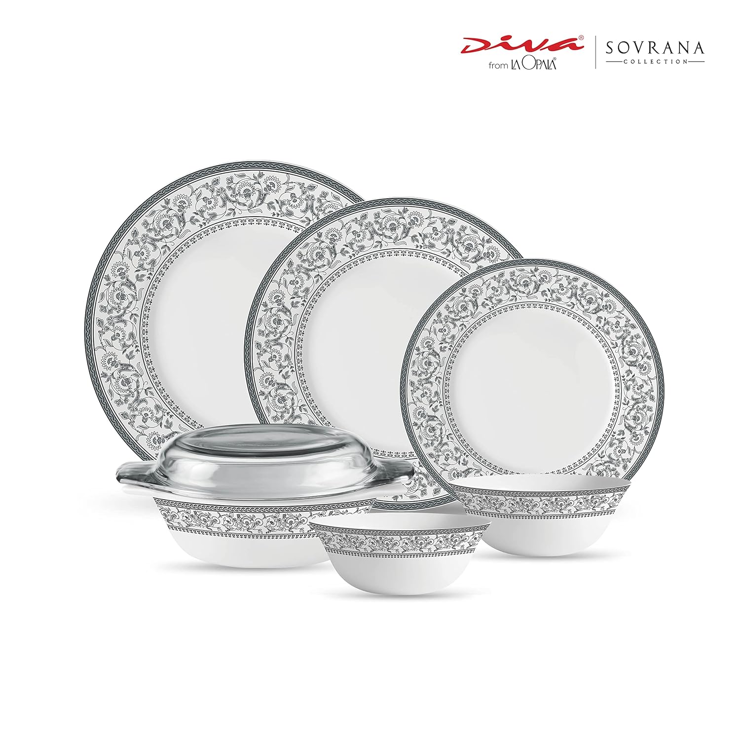 La Opala Diva Sovrana Collection Opal Glass Crockery | for Family of 6 | Dinner Set 35 pcs Persian Grey | Plates & Bowls for Dining | Microwave Safe | 100% Vegetarian | Extra Strong | Light & White