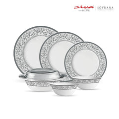 La Opala Diva Sovrana Collection Opal Glass Crockery | for Family of 6 | Dinner Set 35 pcs Persian Grey | Plates & Bowls for Dining | Microwave Safe | 100% Vegetarian | Extra Strong | Light & White