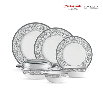 La Opala Diva Sovrana Collection Opal Glass Crockery | for Family of 6 | Dinner Set 35 pcs Persian Grey | Plates & Bowls for Dining | Microwave Safe | 100% Vegetarian | Extra Strong | Light & White