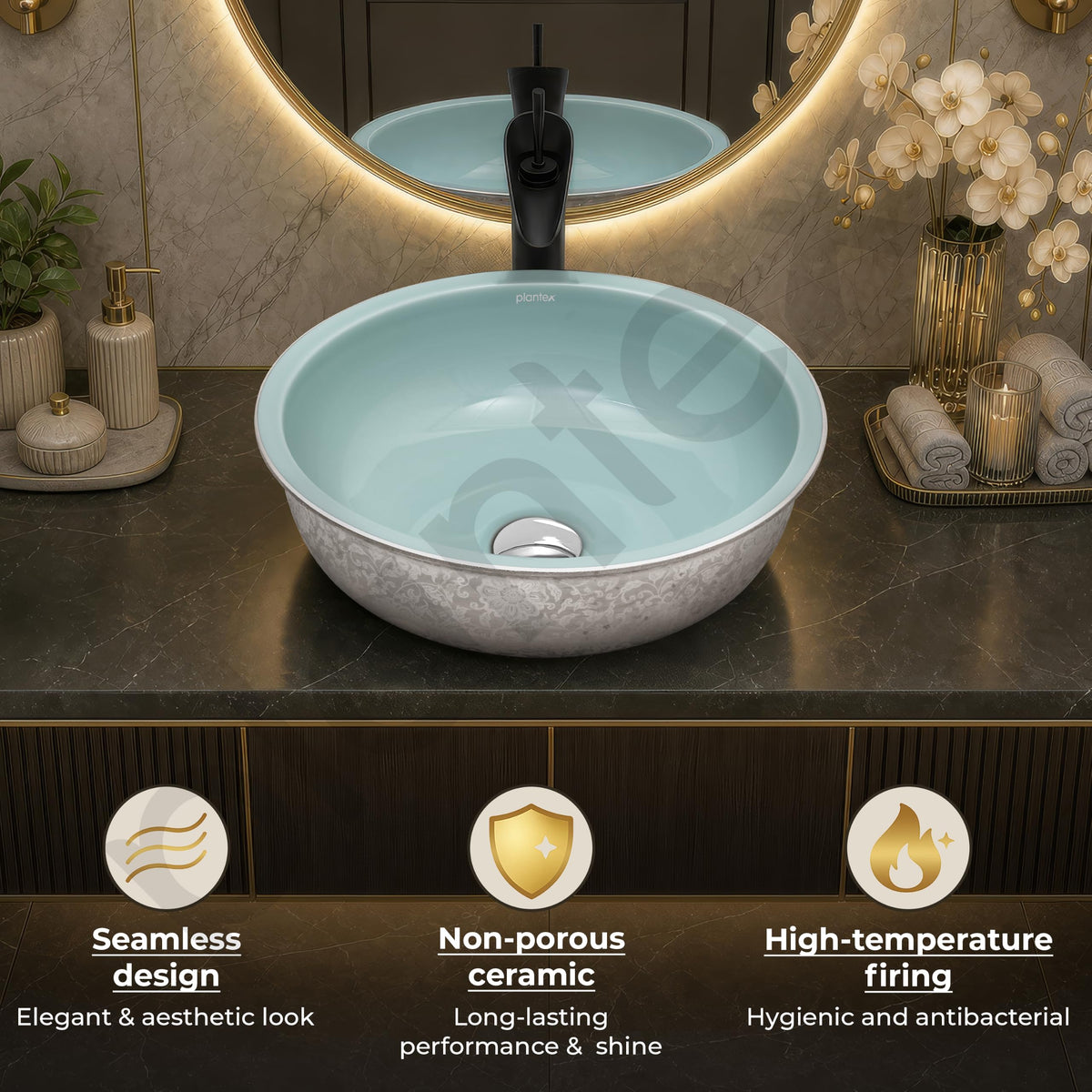 Plantex Ceramic Round Basin for Bathroom/ Table Top Basin/ Washbasin for Bathroom/ Restaurant/Hotel (16.5 x 16.5 x 6 Inch)-5