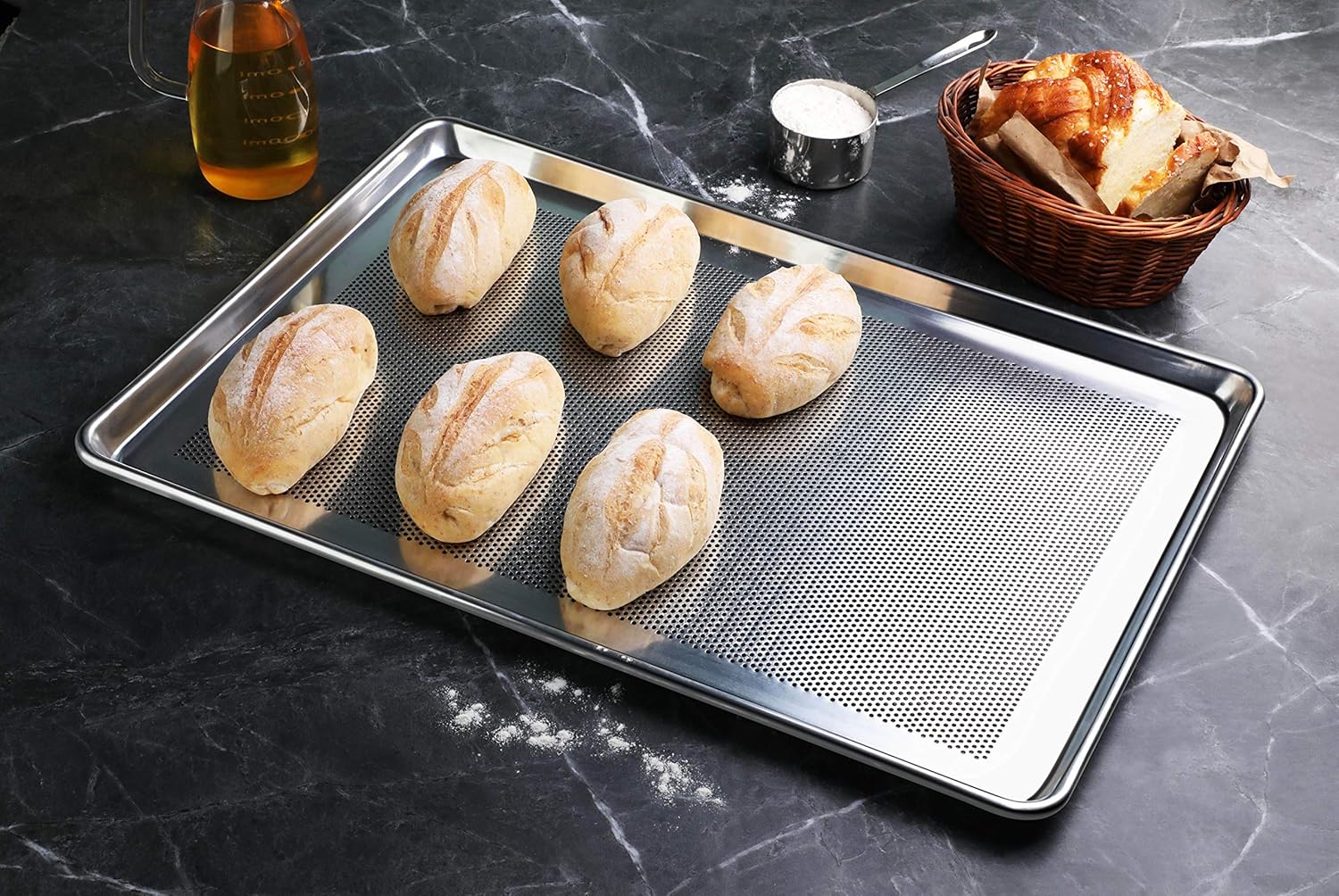 New Star Foodservice 36770 Commercial-Grade 18-Gauge Aluminum Sheet Pan/Bun Pan, Perforated, 18" L x 26" W x 1" H (Full Size)Ã‚ | Measure Oven (Recommended)