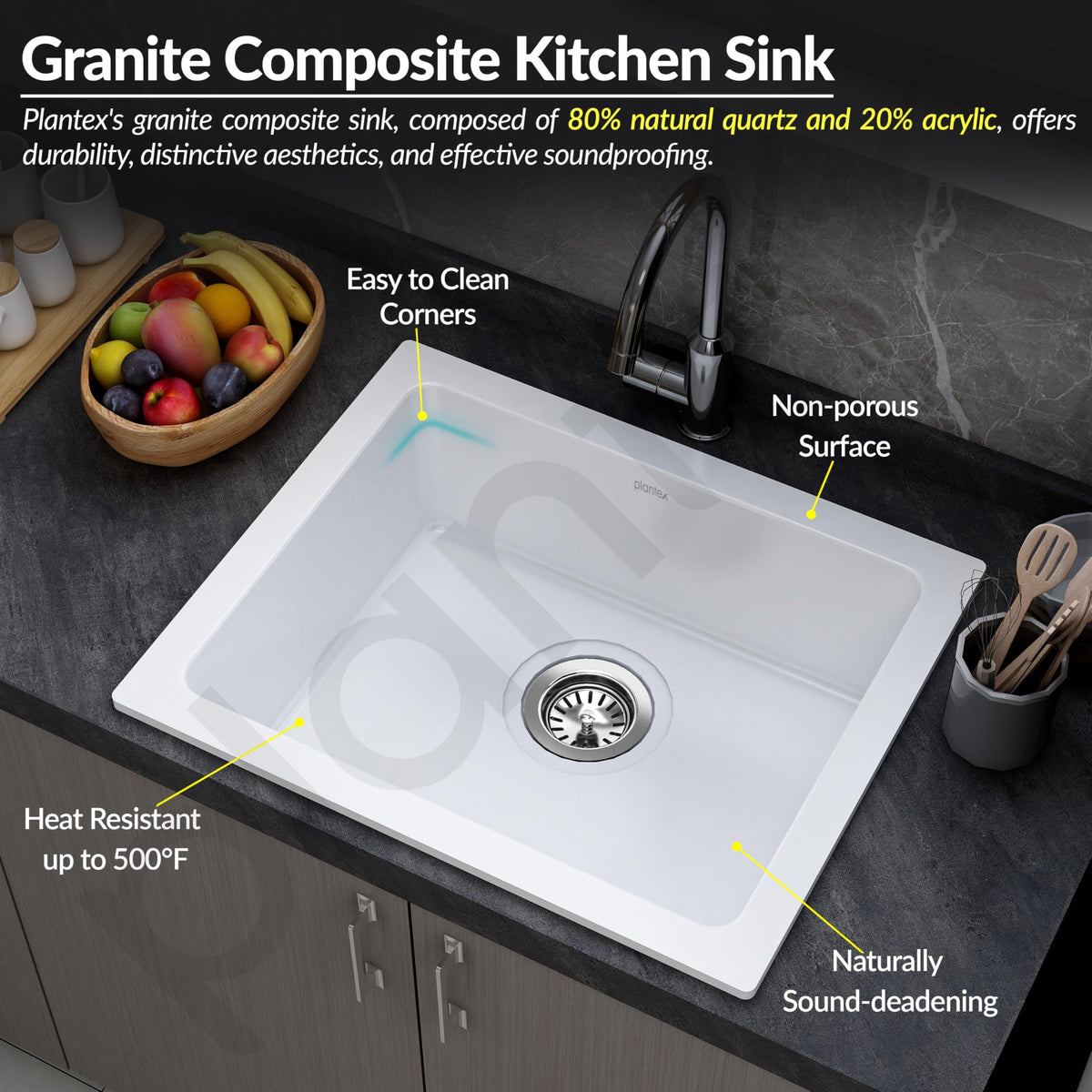 Plantex Quartz Acrylic Kitchen Sink/Undermount Sink for Kitchen with 10 Years Warranty by Plantex/Granite Single Bowl Kitchen Sinks with Coupling (Whiti-24x18 Inches)-6