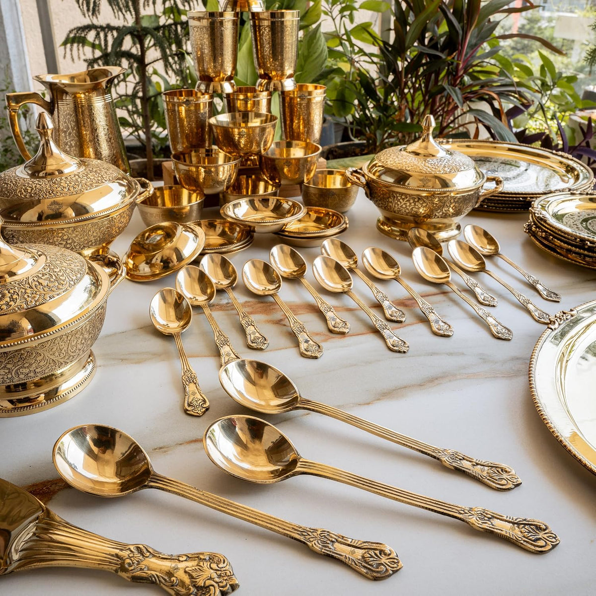 Brass Embossed Design Dinner Set Of 51 pieces