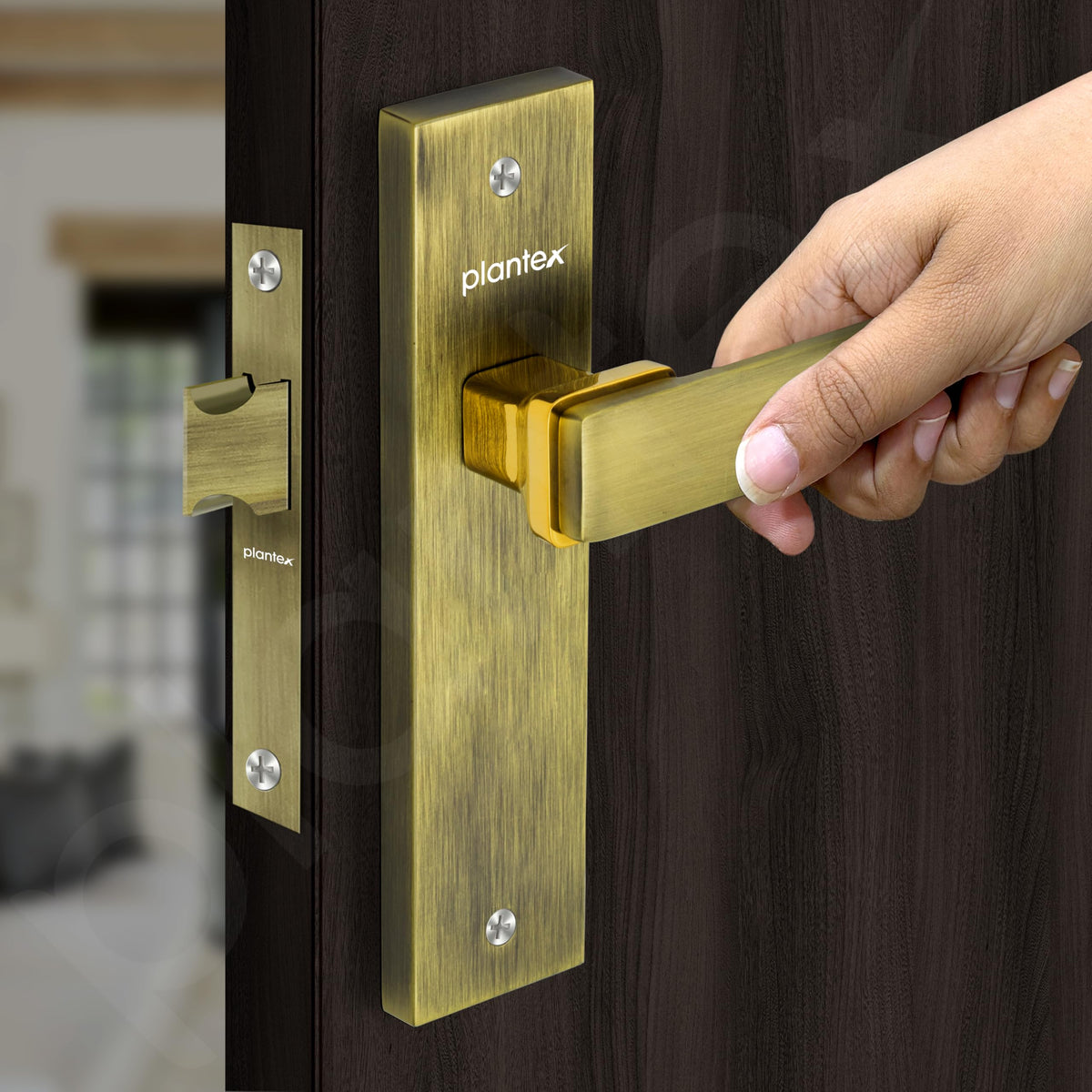 Plantex Heavy Duty Door Lock “ Bathroom Door Lock/Mortise 8inch Keyless Plate Handle Set for Home/Bathroom/Store Room/Balcony/Office with Baby Latch (8116, Brass Antique & Gold)-4