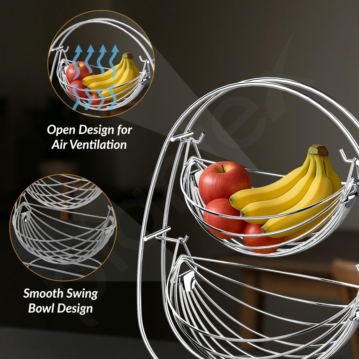 Plantex 2-Tier Swing Fruit Basket for Dining Table/Stainless Steel Fruit Storage Basket for Kitchen/Vegetable Stand(Nickel Chrome Finish)-3
