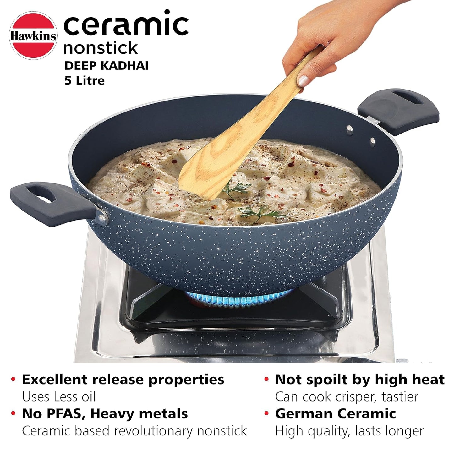 Hawkins Ceramic Nonstick 5 Litre Deep Kadhai, Induction Deep Fry Pan with Glass Lid, Granite Kadai (ICK50G)