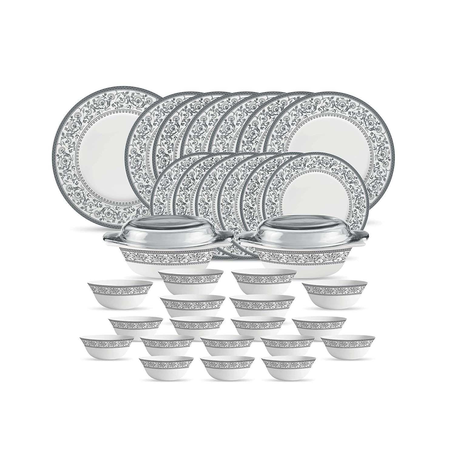 La Opala Diva Sovrana Collection Opal Glass Crockery | for Family of 6 | Dinner Set 35 pcs Persian Grey | Plates & Bowls for Dining | Microwave Safe | 100% Vegetarian | Extra Strong | Light & White