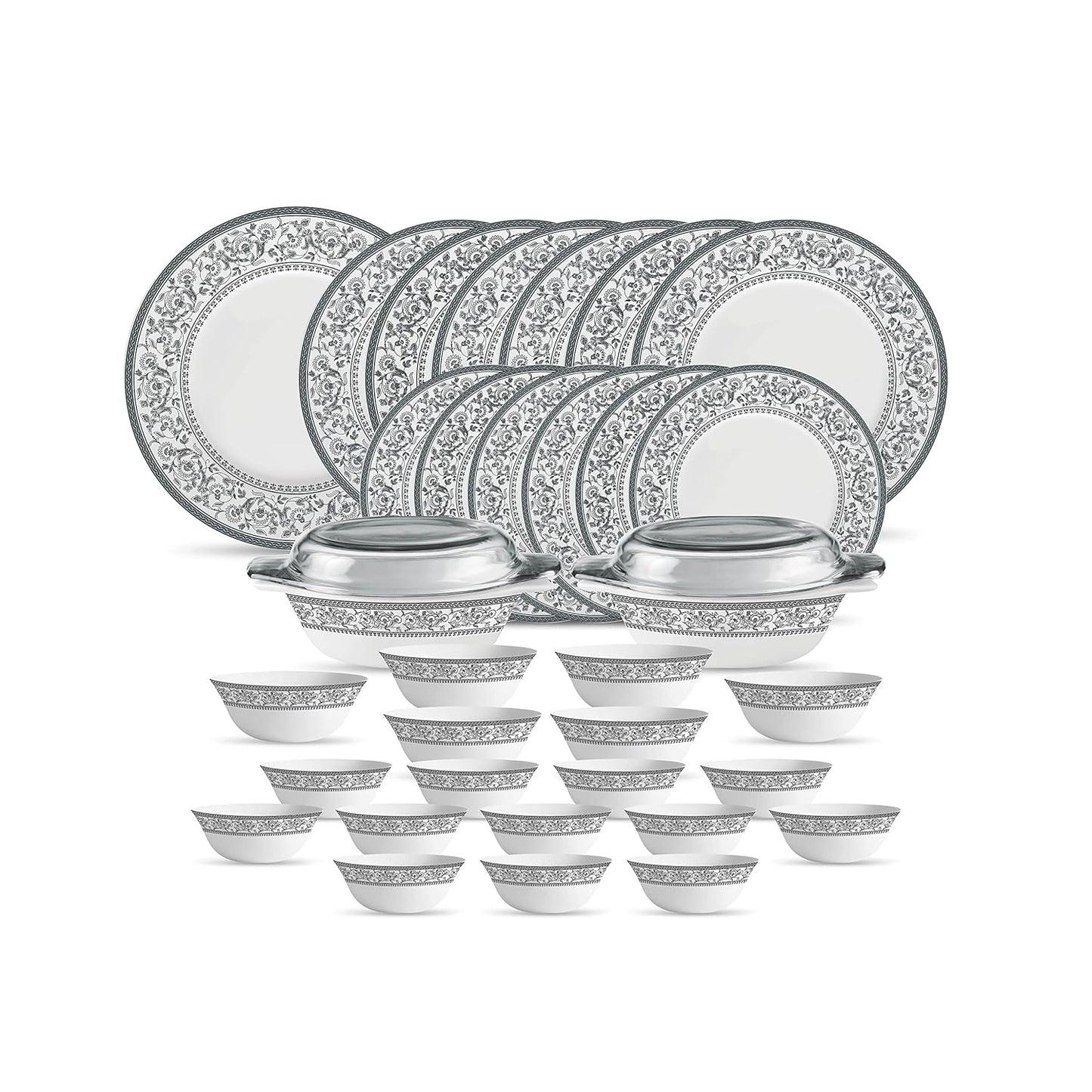 La Opala Diva Sovrana Collection Opal Glass Crockery | for Family of 6 | Dinner Set 35 pcs Persian Grey | Plates & Bowls for Dining | Microwave Safe | 100% Vegetarian | Extra Strong | Light & White