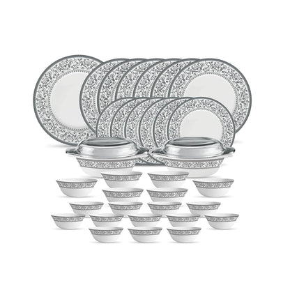 La Opala Diva Sovrana Collection Opal Glass Crockery | for Family of 6 | Dinner Set 35 pcs Persian Grey | Plates & Bowls for Dining | Microwave Safe | 100% Vegetarian | Extra Strong | Light & White