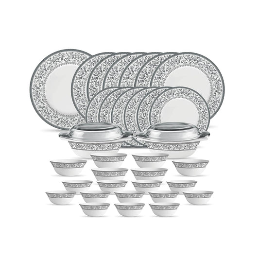 La Opala Diva Sovrana Collection Opal Glass Crockery | for Family of 6 | Dinner Set 35 pcs Persian Grey | Plates & Bowls for Dining | Microwave Safe | 100% Vegetarian | Extra Strong | Light & White