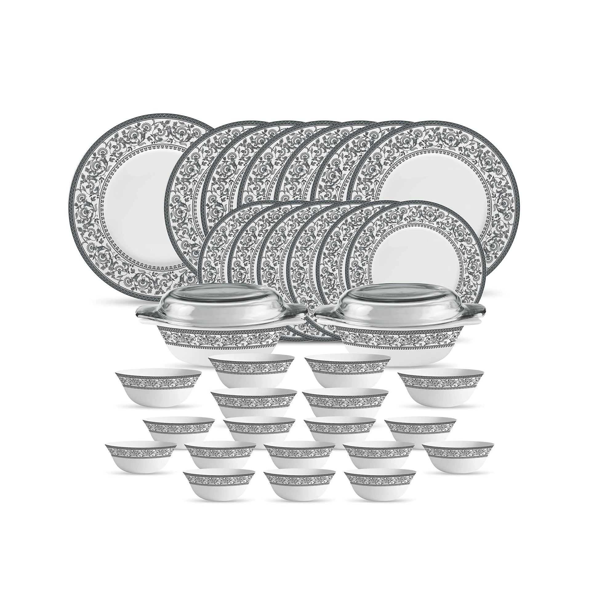 La Opala Diva Sovrana Collection Opal Glass Crockery | For Family of 6 | Dinner Set 35 pcs Anassa Blue | Plates & Bowls for Dining | Microwave Safe | 100% Vegetarian | Extra Strong | Light & White