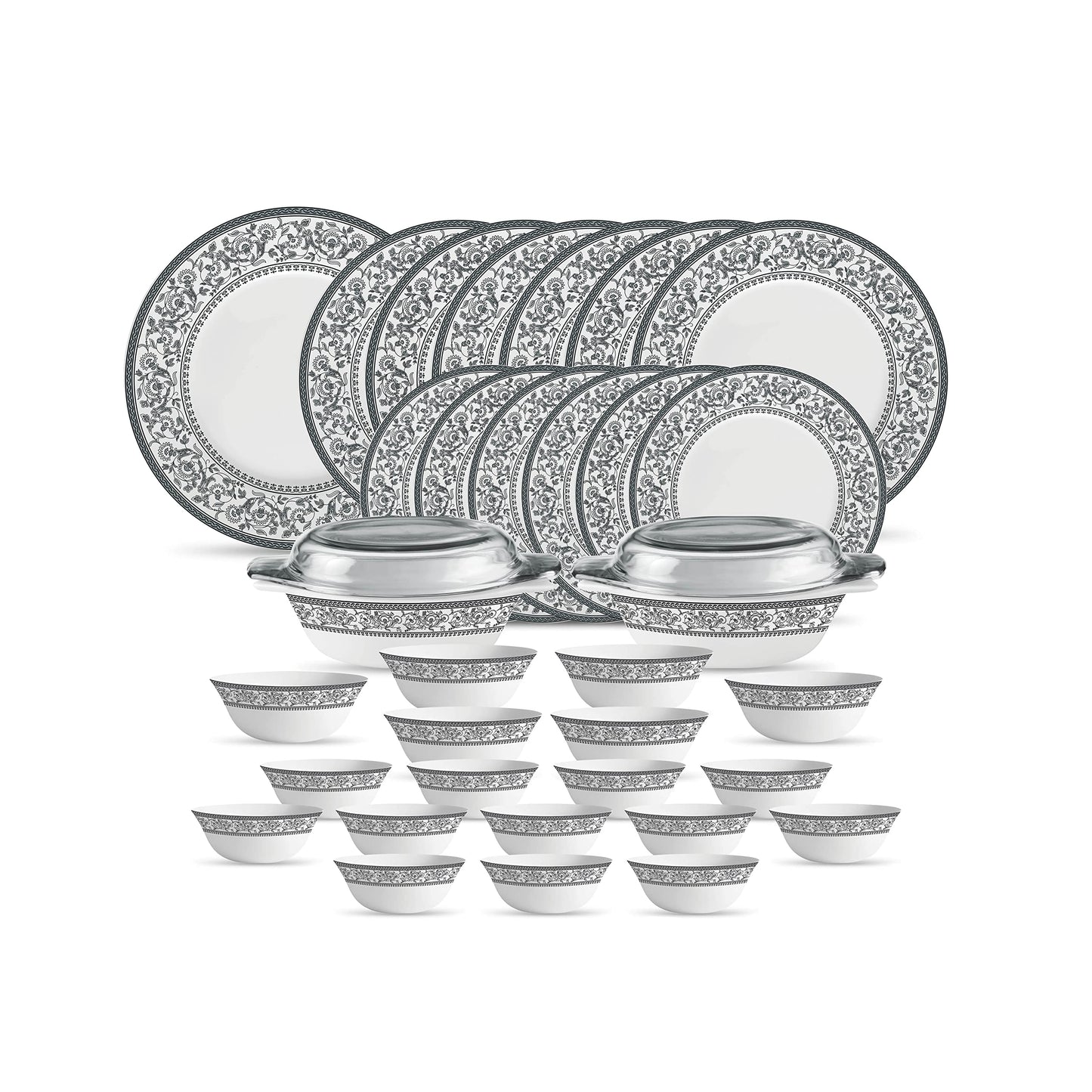 La Opala Diva Sovrana Collection Opal Glass Crockery | For Family of 6 | Dinner Set 35 pcs Moroccan Gold | Plates & Bowls for Dining | Microwave Safe | 100% Vegetarian | Extra Strong | Light & White