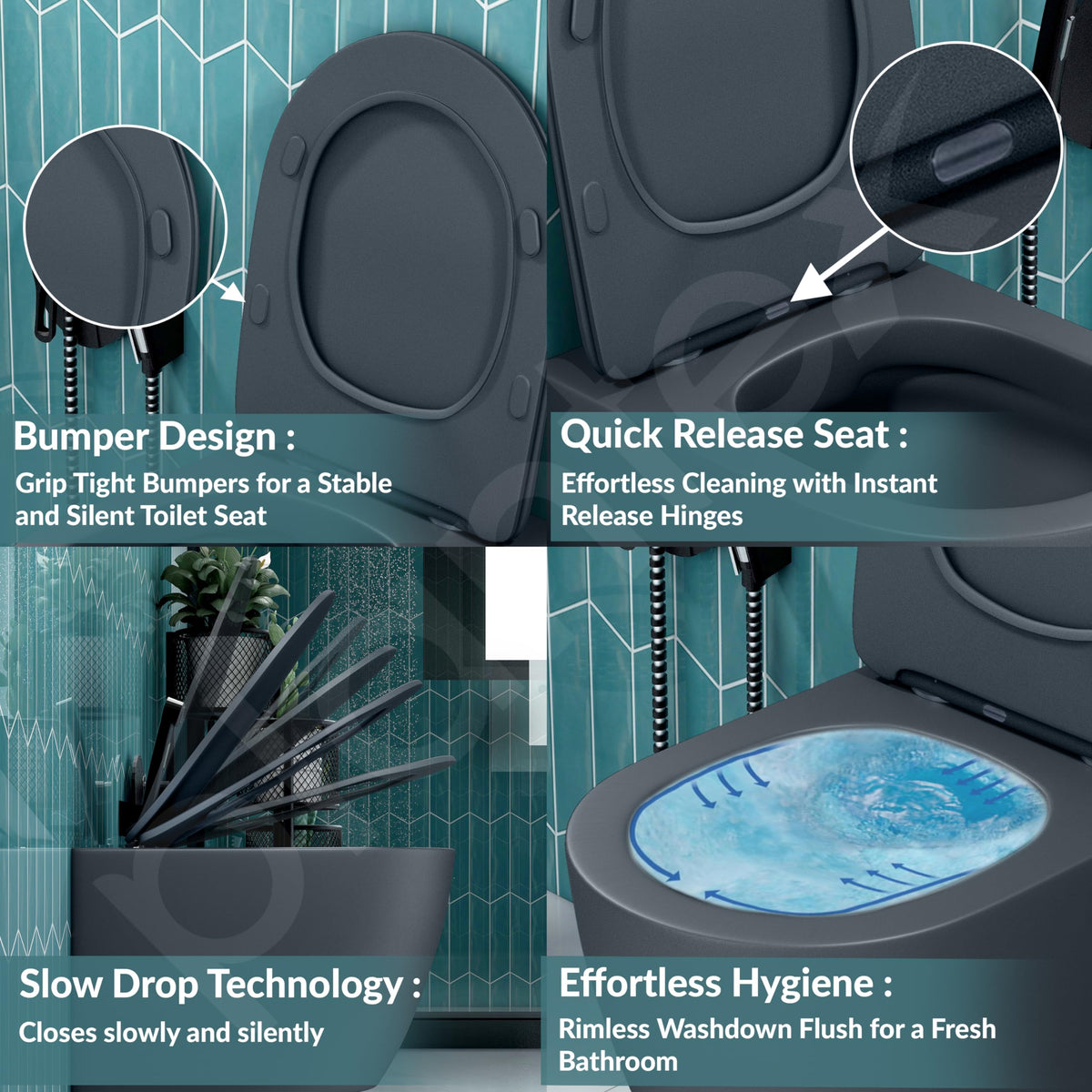 Plantex Imported Ceramic Wall Hung Commode/Rimless Washdown Flush Western Toilet/Commode with Soft Closing Toilet Seat - P Trap (Round - Matt Grey)-5