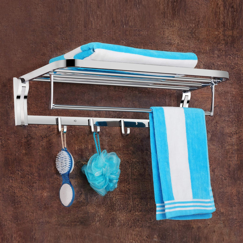 Plantex Stainless Steel Folding Towel Rack/Towel Rod with Hooks for Bathroom/Towel Stand/Towel Hanger/Bathroom Accessories (24-inch) Chrome-1