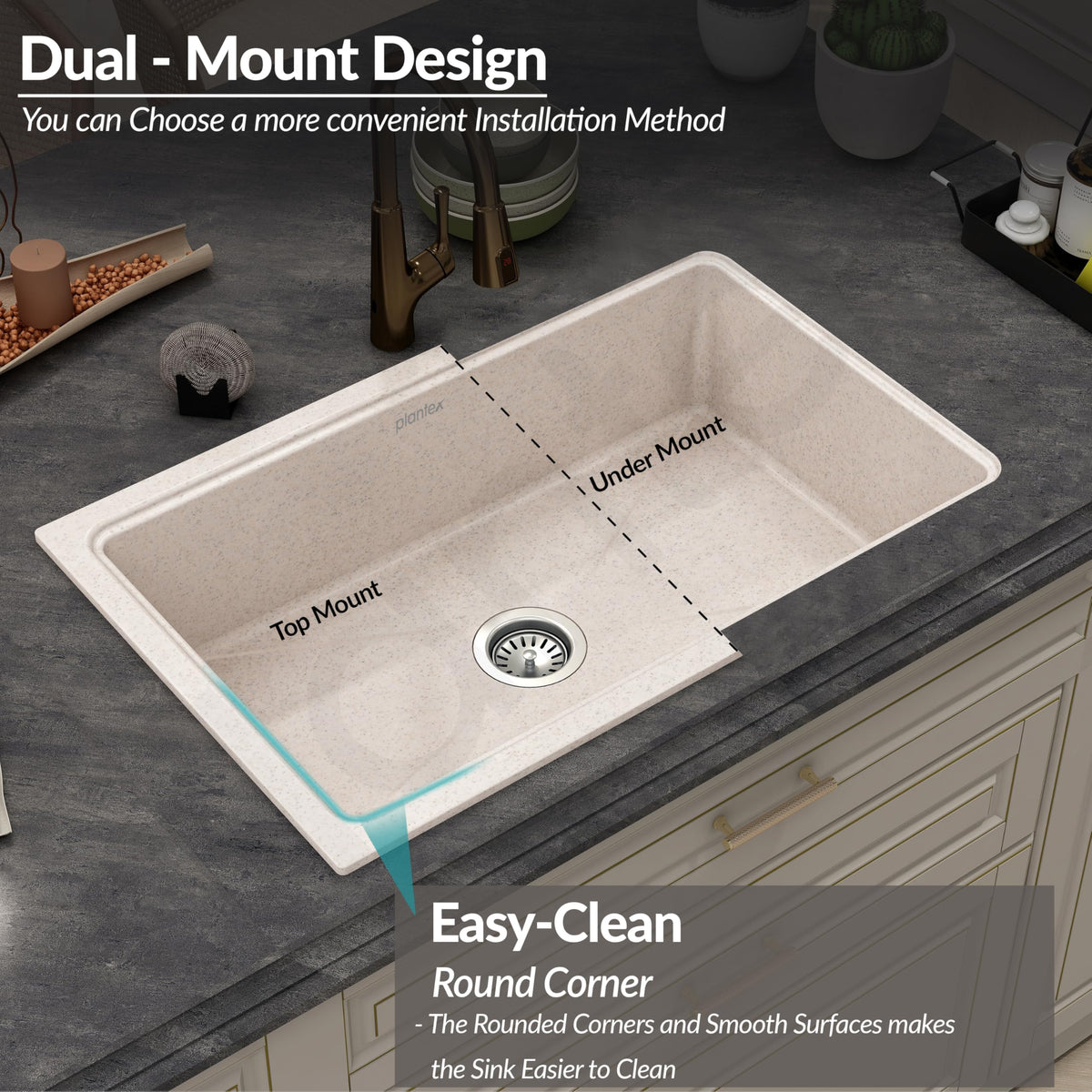 Plantex Quartz Acrylic Matt Kitchen Sink With 10 Years Warranty /Undermount Sink For Kitchen/Granite Single Bowl Kitchen Sinks With Coupling (Ultra Brun 32X20 Inches)-5