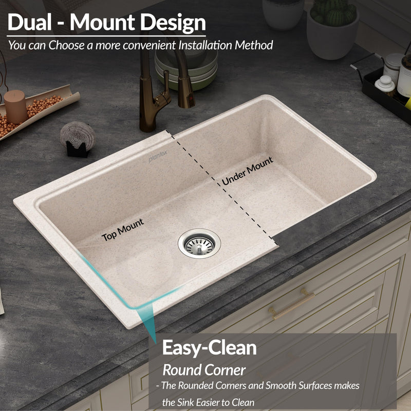 Plantex Quartz Acrylic Matt Kitchen Sink With 10 Years Warranty /Undermount Sink For Kitchen/Granite Single Bowl Kitchen Sinks With Coupling (Ultra Brun 32X20 Inches)-5