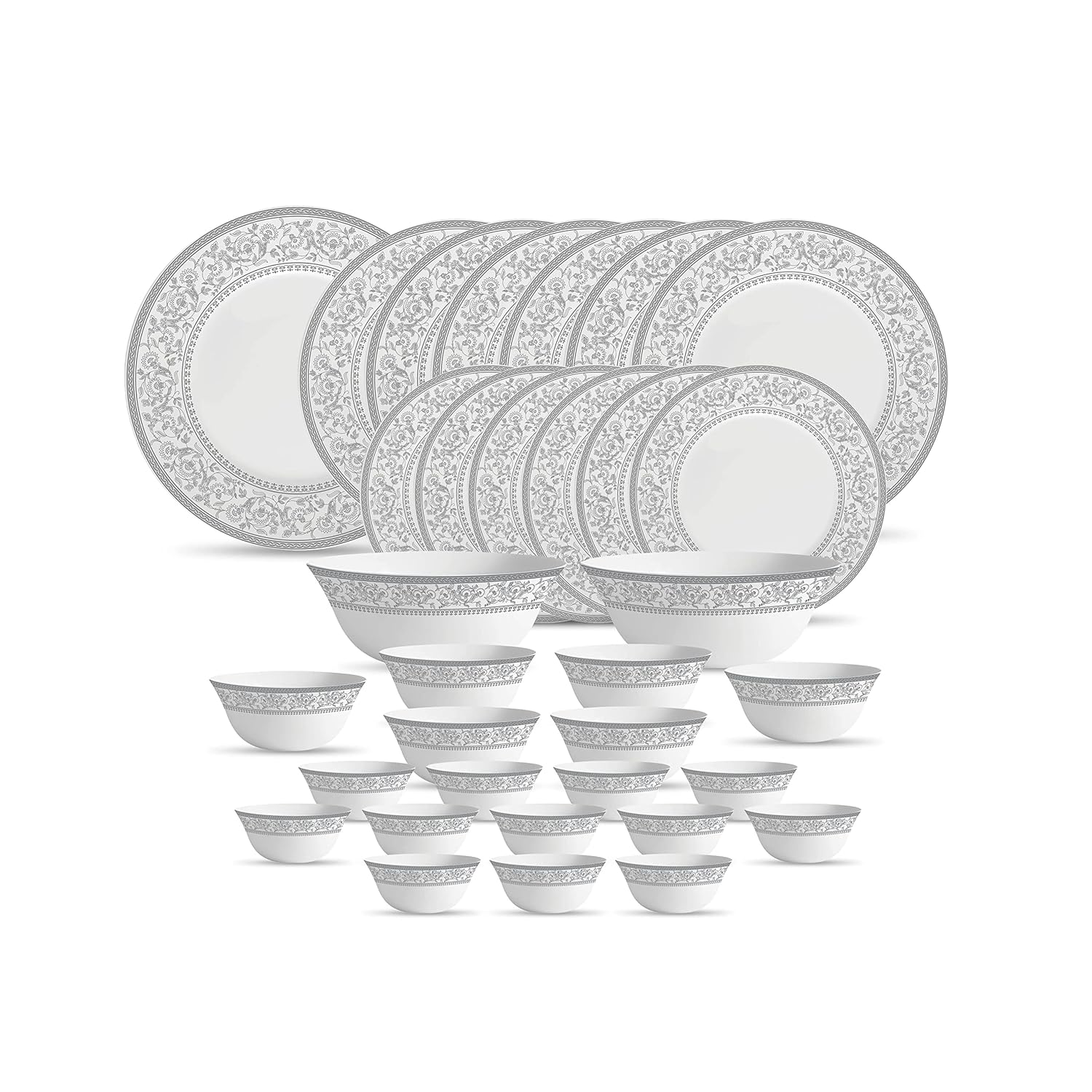 La Opala Diva Sovrana Collection Opal Glass Crockery | for Family of 6 | Dinner Set 33 pcs Persian Silver | Plates & Bowls for Dining | Microwave Safe | 100% Vegetarian | Extra Strong | Light & White