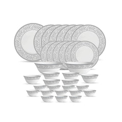 La Opala Diva Sovrana Collection Opal Glass Crockery | for Family of 6 | Dinner Set 33 pcs Persian Silver | Plates & Bowls for Dining | Microwave Safe | 100% Vegetarian | Extra Strong | Light & White