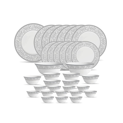 La Opala Diva Sovrana Collection Opal Glass Crockery | for Family of 6 | Dinner Set 33 pcs Persian Silver | Plates & Bowls for Dining | Microwave Safe | 100% Vegetarian | Extra Strong | Light & White