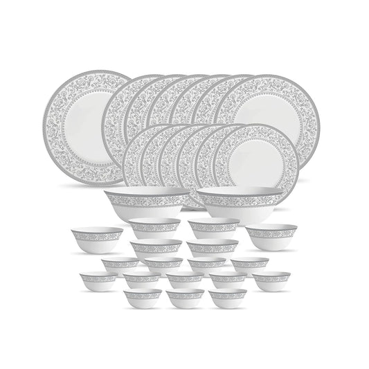 La Opala Diva Sovrana Collection Opal Glass Crockery | for Family of 6 | Dinner Set 33 pcs Persian Silver | Plates & Bowls for Dining | Microwave Safe | 100% Vegetarian | Extra Strong | Light & White