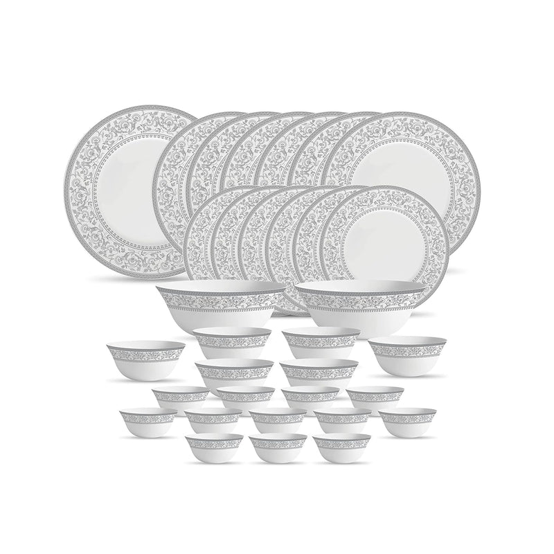 La Opala Diva Sovrana Collection Opal Glass Crockery | for Family of 6 | Dinner Set 33 pcs Persian Silver | Plates & Bowls for Dining | Microwave Safe | 100% Vegetarian | Extra Strong | Light & White