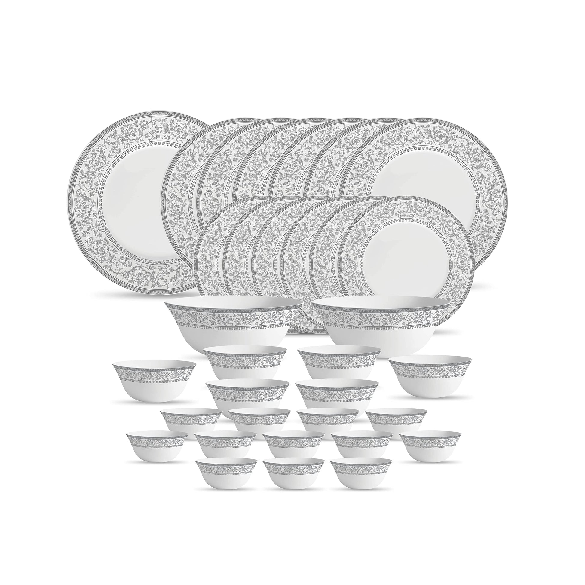 La Opala Diva Sovrana Collection Opal Glass Crockery | For Family of 6 | Dinner Set 33 pcs Anassa Blue | Plates & Bowls for Dining | Microwave Safe | 100% Vegetarian | Extra Strong | Light & White