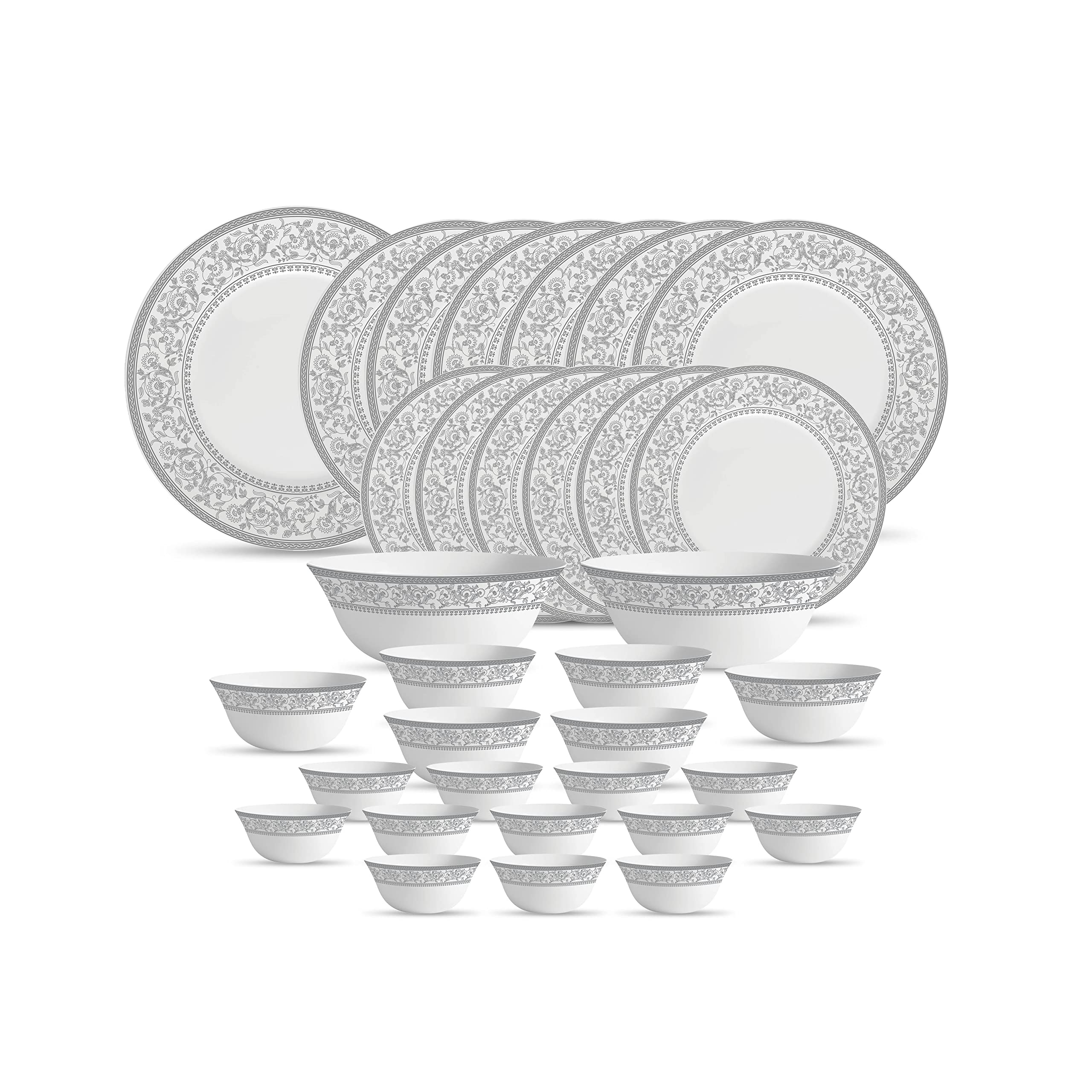 La Opala Diva Sovrana Collection Opal Glass Crockery | For Family of 6 | Dinner Set 33 pcs Anassa Blue | Plates & Bowls for Dining | Microwave Safe | 100% Vegetarian | Extra Strong | Light & White