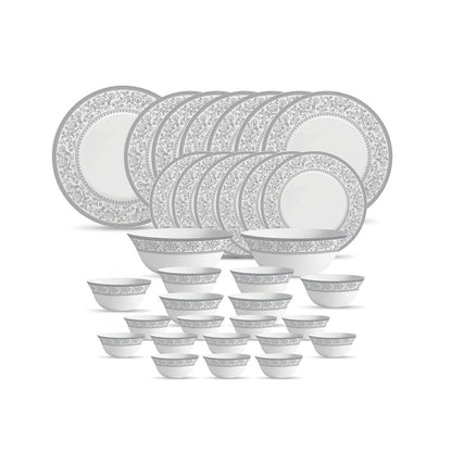 La Opala Diva Sovrana Collection Opal Glass Crockery | For Family of 6 | Dinner Set 33 pcs Anassa Blue | Plates & Bowls for Dining | Microwave Safe | 100% Vegetarian | Extra Strong | Light & White