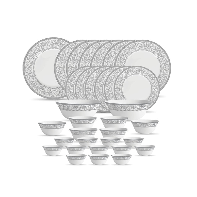 La Opala Diva Sovrana Collection Opal Glass Crockery | For Family of 6 | Dinner Set 33 pcs Anassa Blue | Plates & Bowls for Dining | Microwave Safe | 100% Vegetarian | Extra Strong | Light & White