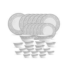La Opala Diva Sovrana Collection Opal Glass Crockery | for Family of 6 | Dinner Set 33 pcs Persian Silver | Plates & Bowls for Dining | Microwave Safe | 100% Vegetarian | Extra Strong | Light & White