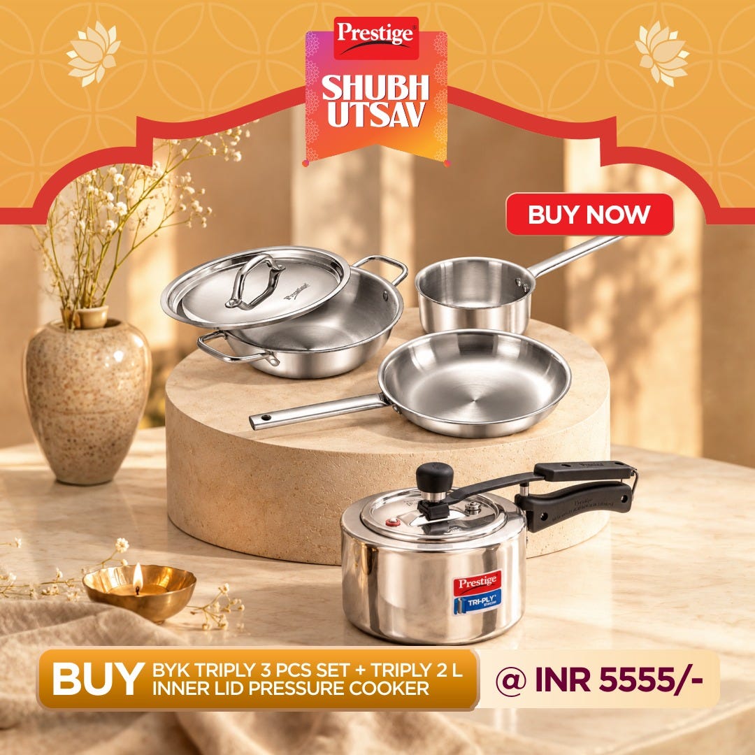 Prestige TRIPLY Splendid 4 Pc Cookware Set: Fry Pan 24cm, Kadai 24cm, Sauce Pan 16cm, SS Lid 24cm, 15Y Warranty + Prestige 2 L Tri-Ply Svachh Inner Lid Pressure Cooker, Spillage Control, Silver