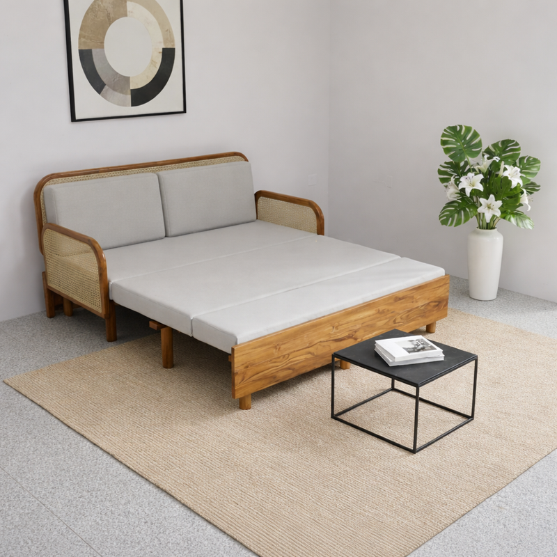 Natural Teak Wood Cane Wooden Convertible Sofa-Cum-Bed