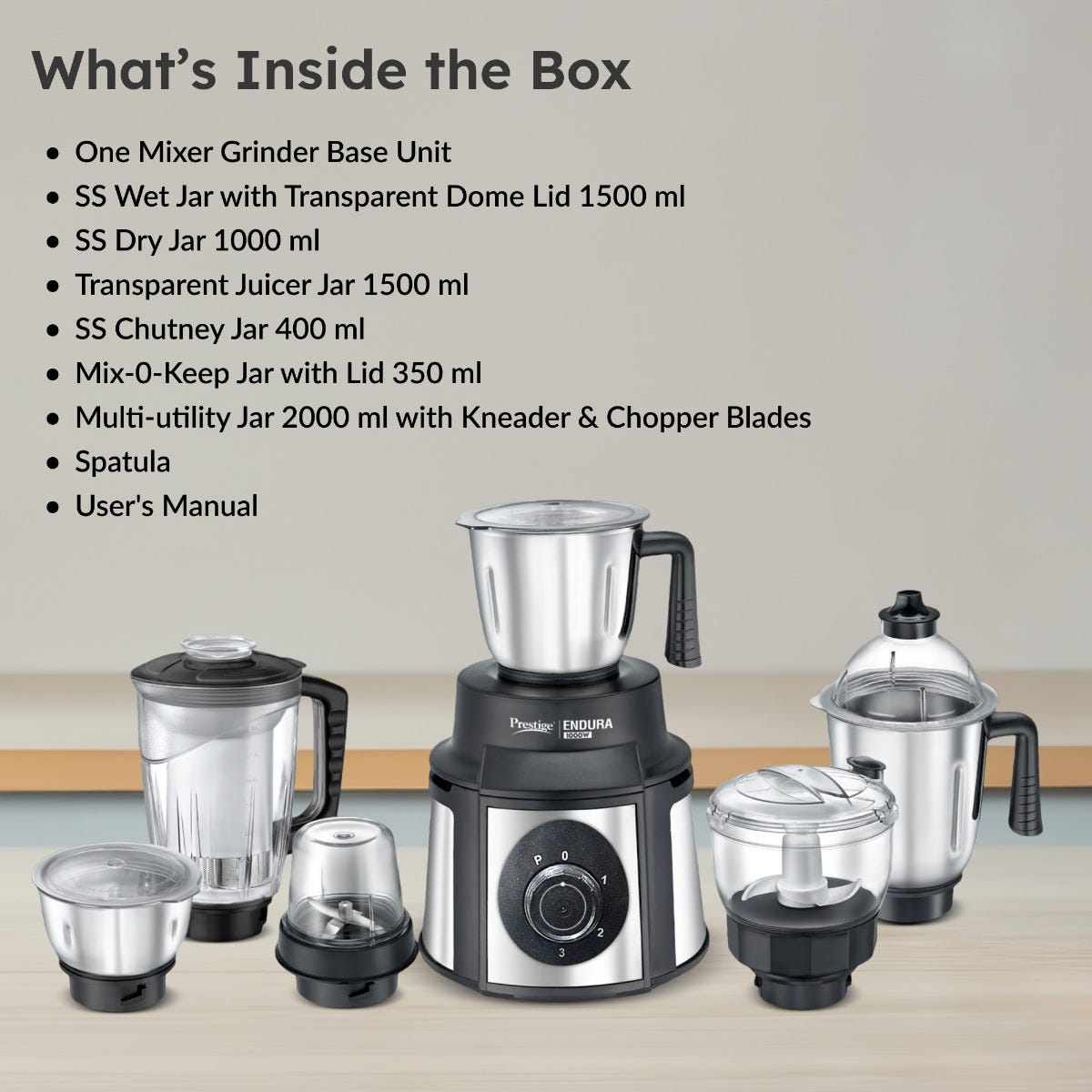 Prestige Endura 1000W 6 Jar Mixer Grinder: 3 SS Jars, Juicer, Mix-O-Keep, Multi-Utility Jar, Ball Bearing Motor, SS Blades, 5Y Motor Warranty + Prestige 1.5L PMC 3.0 Plus Multi Kettle / Multi Cooker