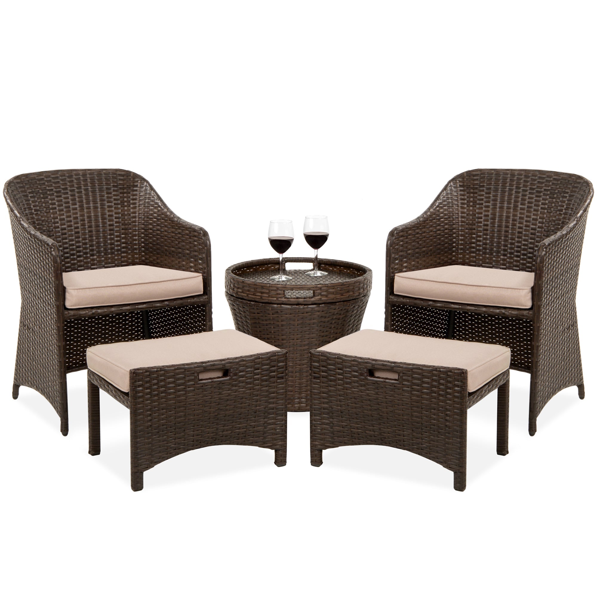 Arokya Outdoor Patio Seating Set 2 Chairs 2 Ottoman and Table Set (Brown)